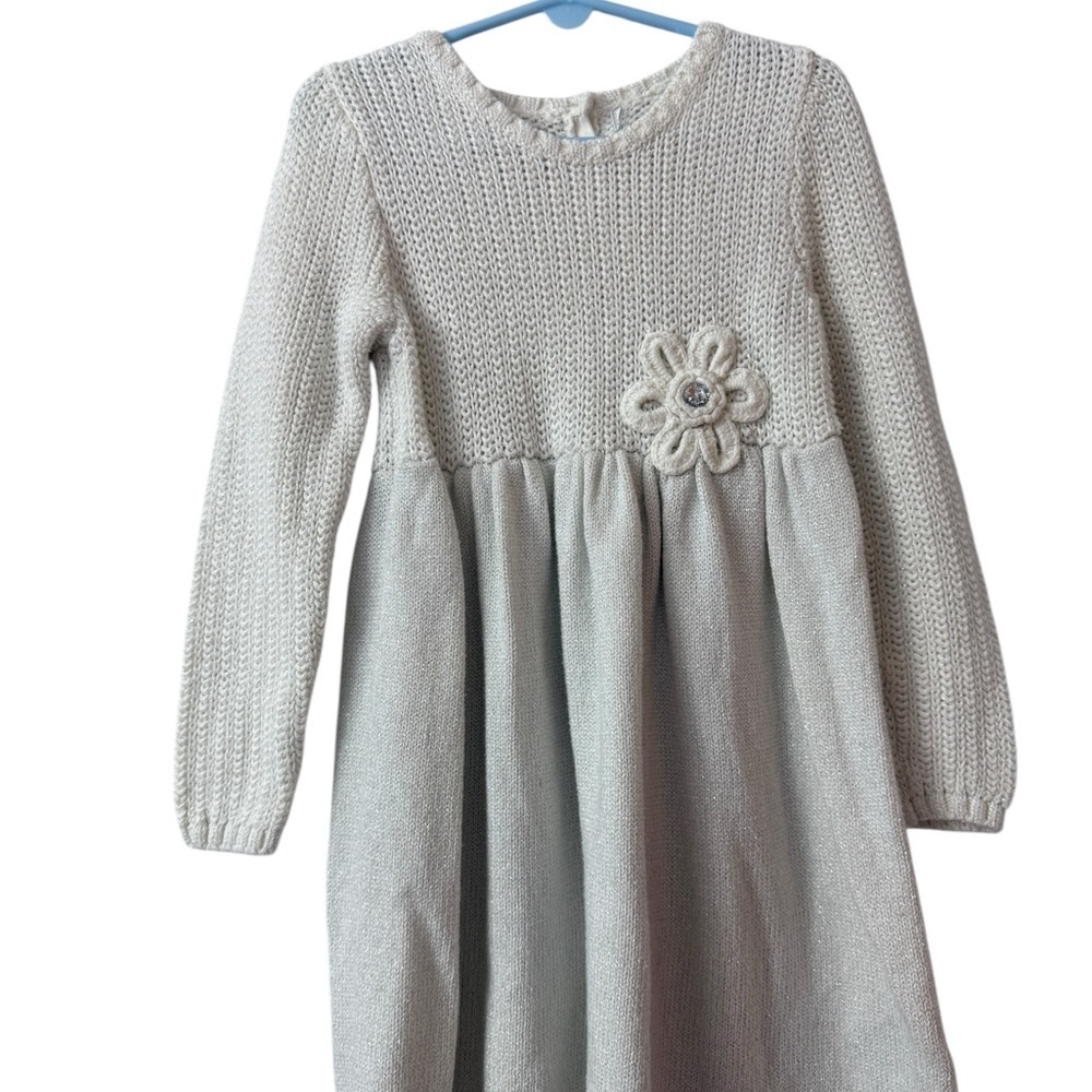Boutique Girls 3T Cream Knit Kids Dress with Flower Detail